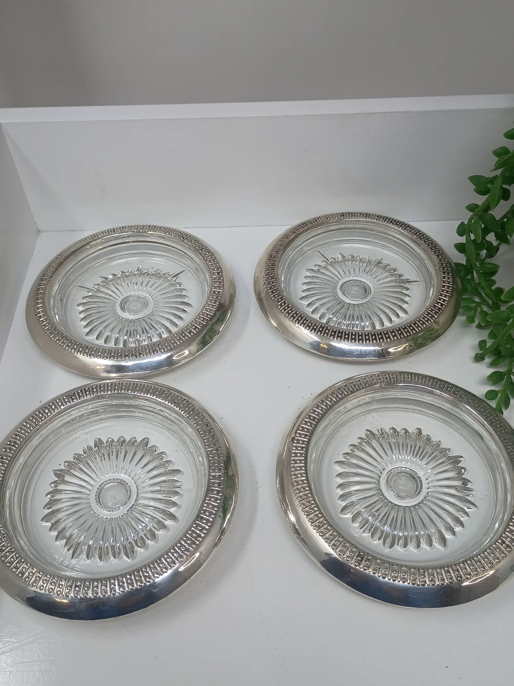 Sterling Silver Glass Sunburst Coasters - Set of 4